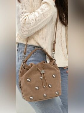 Vince Camuto | Genuine Leather Cappuccino Studded Bucket Bag w/ Crossbody Strap